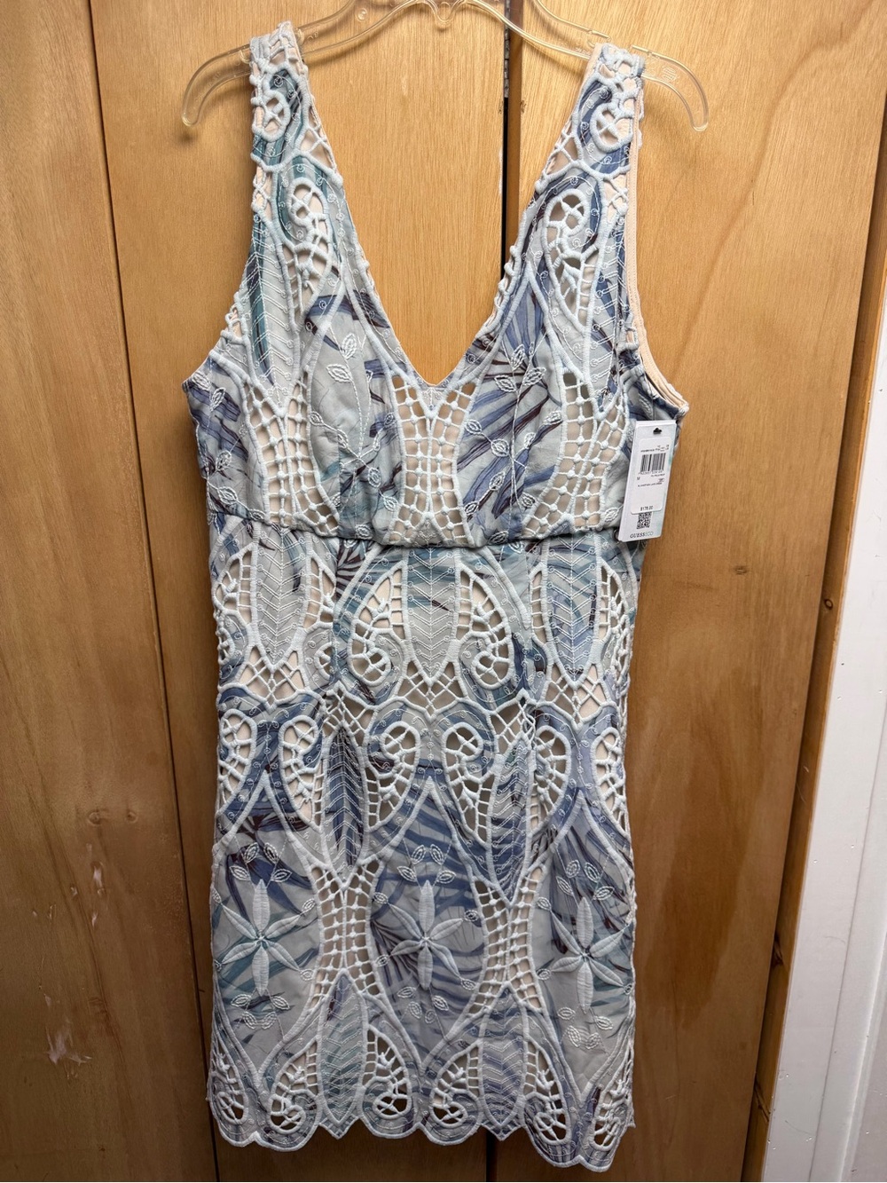 Guess V-Neck Lace Overlay Mini Dress in Light Blue and Cream